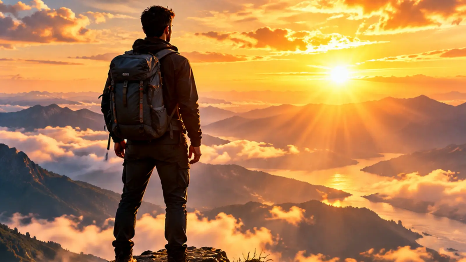 A hiker reaching a mountain summit at sunrise, a symbol of never giving up
