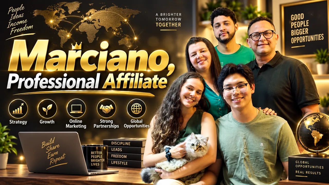 Marciano, editor of PLF Reviews, with family and friends at a desk with a laptop and notebooks